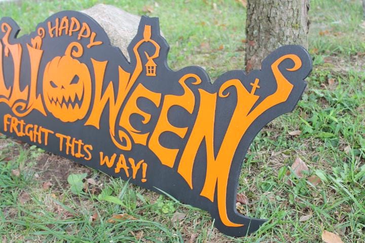 Customizable Text Happy Halloween Jack O Lantern Spooky Forest Black Cat Fright Wooden Decor Fall Autumn Decoration Sign Haunted Grave Yard