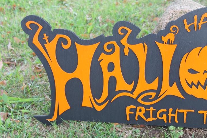 Customizable Text Happy Halloween Jack O Lantern Spooky Forest Black Cat Fright Wooden Decor Fall Autumn Decoration Sign Haunted Grave Yard