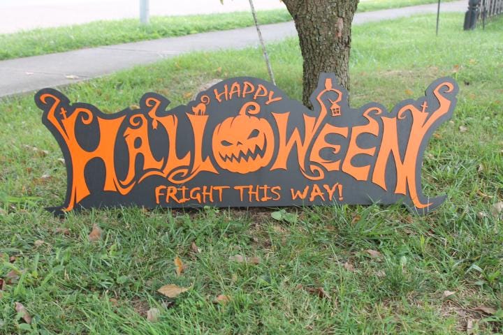 Customizable Text Happy Halloween Jack O Lantern Spooky Forest Black Cat Fright Wooden Decor Fall Autumn Decoration Sign Haunted Grave Yard