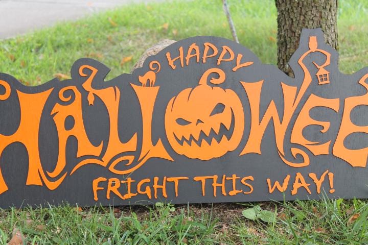 Customizable Text Happy Halloween Jack O Lantern Spooky Forest Black Cat Fright Wooden Decor Fall Autumn Decoration Sign Haunted Grave Yard