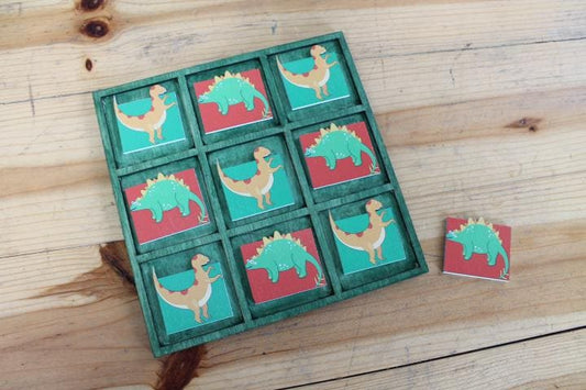 Handmade Dinosaur Lover Trex Stegosaurus Tic Tac Toe Wooden Family game boardgame Laser cut engraved