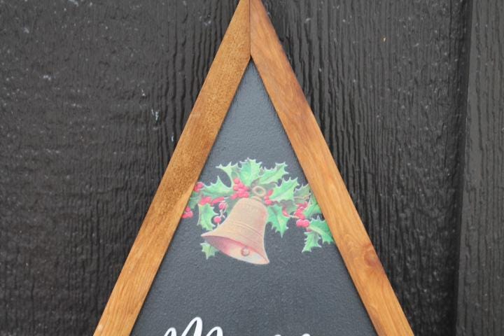 Merry Christmas Bell Holly Christmas Decor Handmade Printed Layered Sign Triangle Rustic Home decor Unique