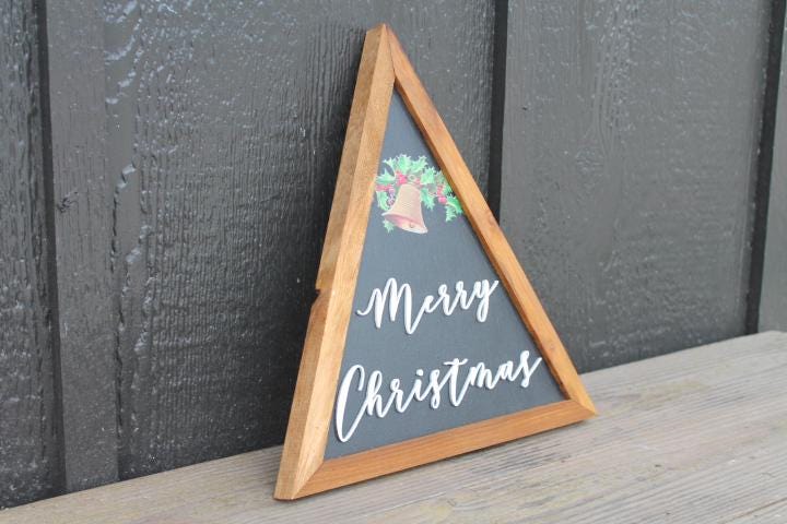 Merry Christmas Bell Holly Christmas Decor Handmade Printed Layered Sign Triangle Rustic Home decor Unique