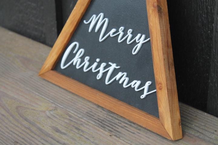 Merry Christmas Bell Holly Christmas Decor Handmade Printed Layered Sign Triangle Rustic Home decor Unique