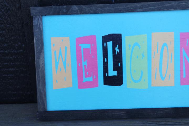 Welcome Colorful Sign Cat Retro Cat Person Handmade Home Decor Inviting Entry Way Wooden Printed Signage