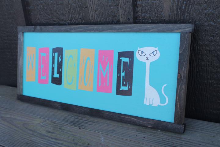 Welcome Colorful Sign Cat Retro Cat Person Handmade Home Decor Inviting Entry Way Wooden Printed Signage