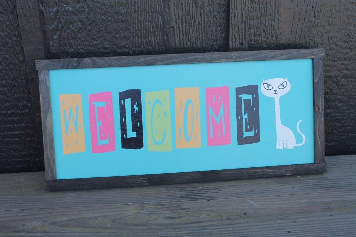 Welcome Colorful Sign Cat Retro Cat Person Handmade Home Decor Inviting Entry Way Wooden Printed Signage