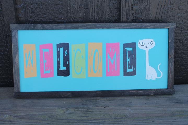 Welcome Colorful Sign Cat Retro Cat Person Handmade Home Decor Inviting Entry Way Wooden Printed Signage