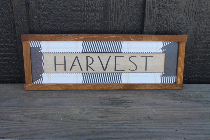 Harvest Plaid Fall Autumn Seasonal Farmhouse Layered Handmade Sign Framed 3D Raised and Printed Color Rustic