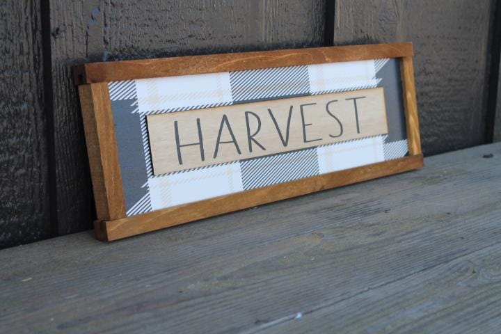 Harvest Plaid Fall Autumn Seasonal Farmhouse Layered Handmade Sign Framed 3D Raised and Printed Color Rustic