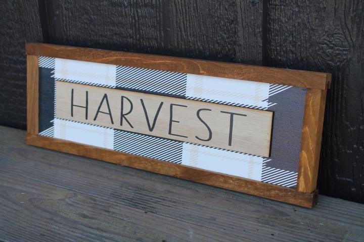 Harvest Plaid Fall Autumn Seasonal Farmhouse Layered Handmade Sign Framed 3D Raised and Printed Color Rustic