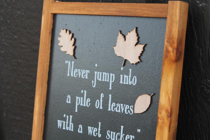 Leaves Autumn Jump in a pile of leaves Fall With A Wet Sucker Quote Life Advice Kids Cute Handmade Home Decor Seasonal