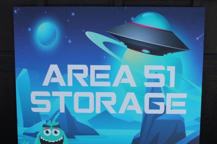 Custom Alien UFO Out of this World Area 51 Storage Unit Square Weatherproof PVC Smooth Sustainable Great for hanging Outdoors Business Sign