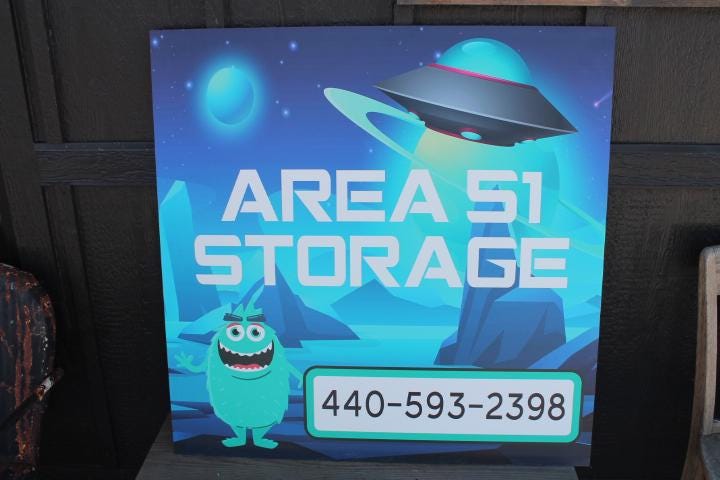 Custom Alien UFO Out of this World Area 51 Storage Unit Square Weatherproof PVC Smooth Sustainable Great for hanging Outdoors Business Sign