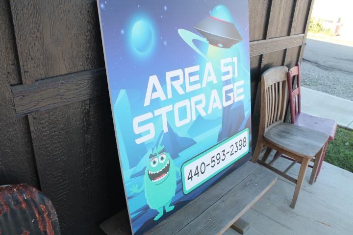 Custom Alien UFO Out of this World Area 51 Storage Unit Square Weatherproof PVC Smooth Sustainable Great for hanging Outdoors Business Sign