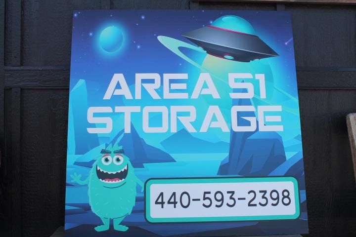 Custom Alien UFO Out of this World Area 51 Storage Unit Square Weatherproof PVC Smooth Sustainable Great for hanging Outdoors Business Sign