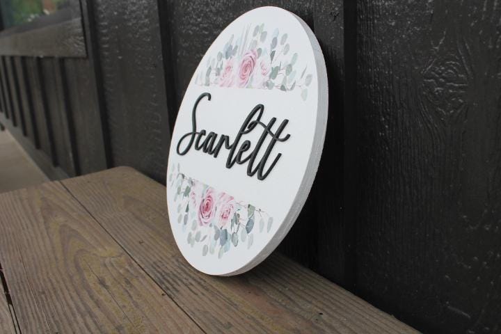 Custom Sign Round Nursery Little Girls Shower Gift Bedroom Your Room Design Flowers Raised and Printed Vintage Crib Sign Announcement Gift