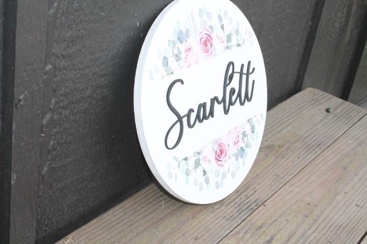 Custom Sign Round Nursery Little Girls Shower Gift Bedroom Your Room Design Flowers Raised and Printed Vintage Crib Sign Announcement Gift