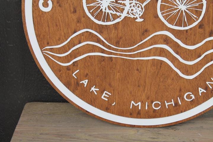 Round Custom Business Sign Wood and White Bike Bicycle Camp Signage Outdoors Hiking Lake Camping 3D Raised Layered Sign