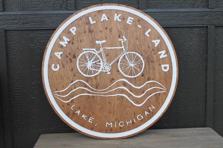 Round Custom Business Sign Wood and White Bike Bicycle Camp Signage Outdoors Hiking Lake Camping 3D Raised Layered Sign