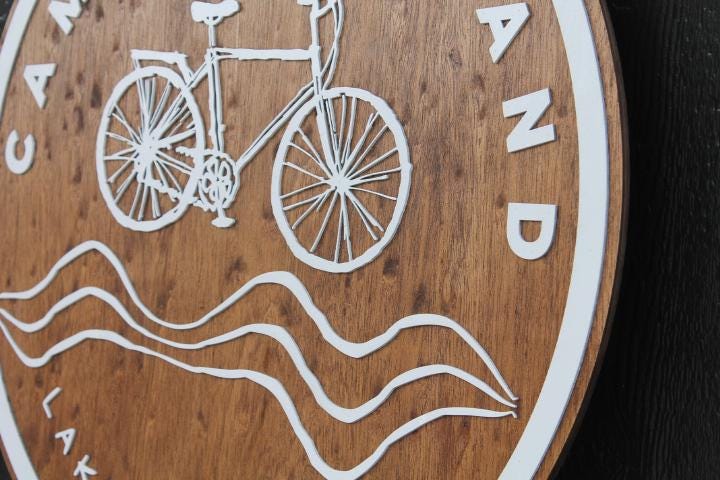 Round Custom Business Sign Wood and White Bike Bicycle Camp Signage Outdoors Hiking Lake Camping 3D Raised Layered Sign