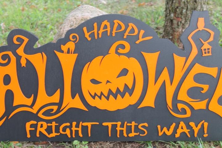 Customizable Text Happy Halloween Jack O Lantern Spooky Forest Black Cat Fright Wooden Decor Fall Autumn Decoration Sign Haunted Grave Yard