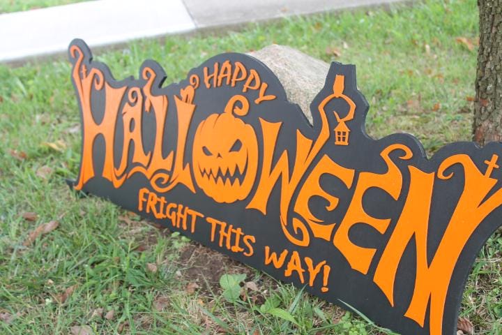 Customizable Text Happy Halloween Jack O Lantern Spooky Forest Black Cat Fright Wooden Decor Fall Autumn Decoration Sign Haunted Grave Yard