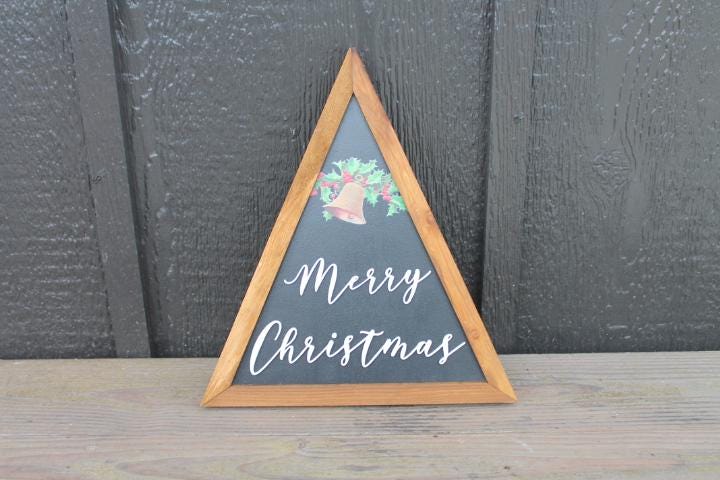 Merry Christmas Bell Holly Christmas Decor Handmade Printed Layered Sign Triangle Rustic Home decor Unique