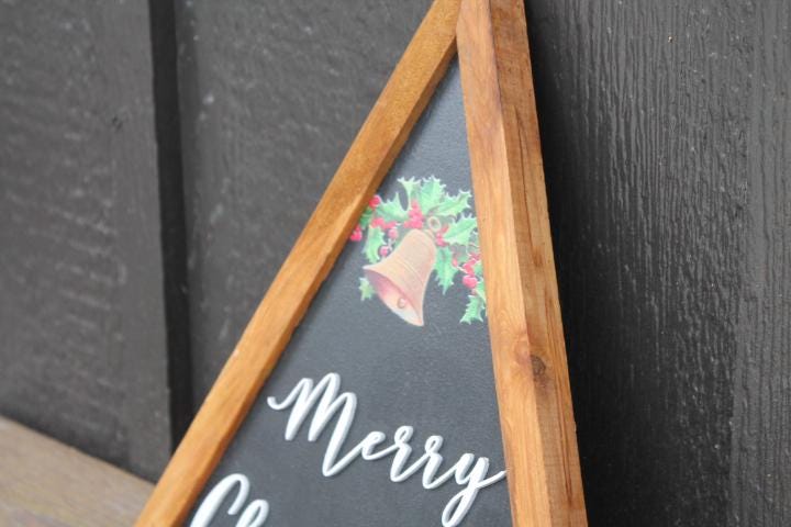 Merry Christmas Bell Holly Christmas Decor Handmade Printed Layered Sign Triangle Rustic Home decor Unique