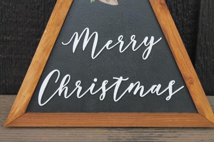 Merry Christmas Bell Holly Christmas Decor Handmade Printed Layered Sign Triangle Rustic Home decor Unique