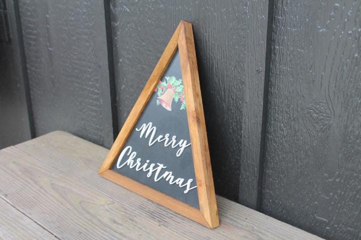 Merry Christmas Bell Holly Christmas Decor Handmade Printed Layered Sign Triangle Rustic Home decor Unique