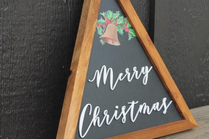 Merry Christmas Bell Holly Christmas Decor Handmade Printed Layered Sign Triangle Rustic Home decor Unique