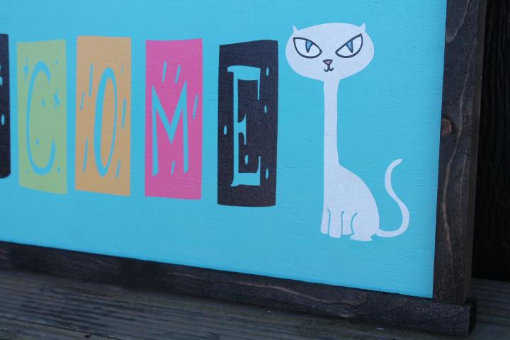 Welcome Colorful Sign Cat Retro Cat Person Handmade Home Decor Inviting Entry Way Wooden Printed Signage