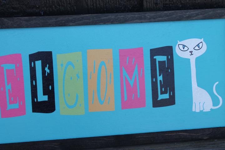 Welcome Colorful Sign Cat Retro Cat Person Handmade Home Decor Inviting Entry Way Wooden Printed Signage