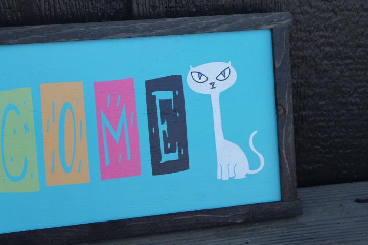 Welcome Colorful Sign Cat Retro Cat Person Handmade Home Decor Inviting Entry Way Wooden Printed Signage