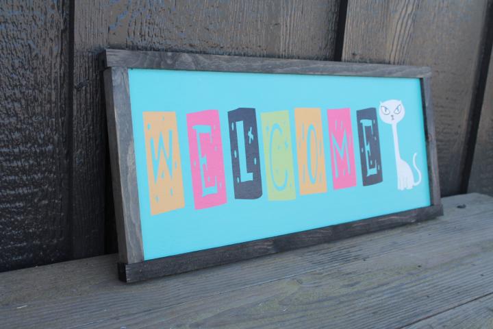 Welcome Colorful Sign Cat Retro Cat Person Handmade Home Decor Inviting Entry Way Wooden Printed Signage