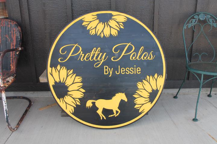 Custom Business Logo Engraved Sign Horse Sunflowers Design Black and Yellow Personalized Image Etched Running Horse Polo