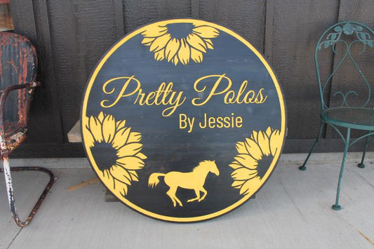 Custom Business Logo Engraved Sign Horse Sunflowers Design Black and Yellow Personalized Image Etched Running Horse Polo