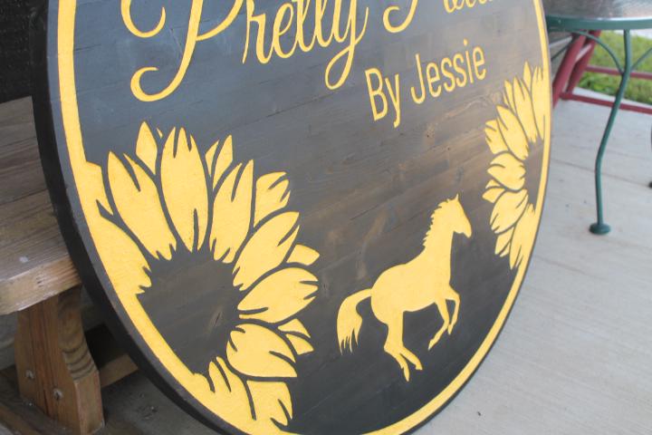 Custom Business Logo Engraved Sign Horse Sunflowers Design Black and Yellow Personalized Image Etched Running Horse Polo