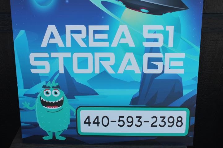 Custom Alien UFO Out of this World Area 51 Storage Unit Square Weatherproof PVC Smooth Sustainable Great for hanging Outdoors Business Sign