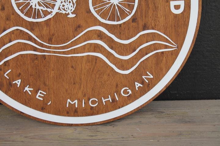 Round Custom Business Sign Wood and White Bike Bicycle Camp Signage Outdoors Hiking Lake Camping 3D Raised Layered Sign