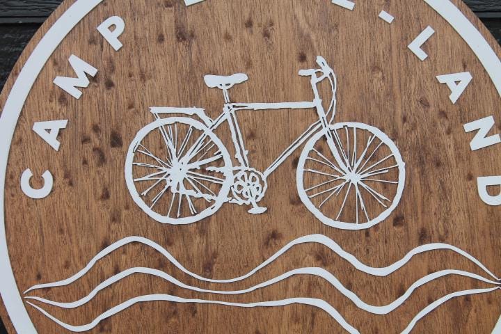 Round Custom Business Sign Wood and White Bike Bicycle Camp Signage Outdoors Hiking Lake Camping 3D Raised Layered Sign