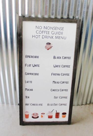 Coffee Bar Menu No Nonsense Tea Cocoa Hot Drinks Coffee Shop Decor Kitchen Sign Wall Art Farmhouse Primitive Rustic Text Large Pun