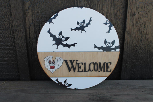 Welcome Ghost Door Hanger Bat Boo Halloween Fall Spooky Sign Round 3D Text Wall Art Decoration Wood Sign