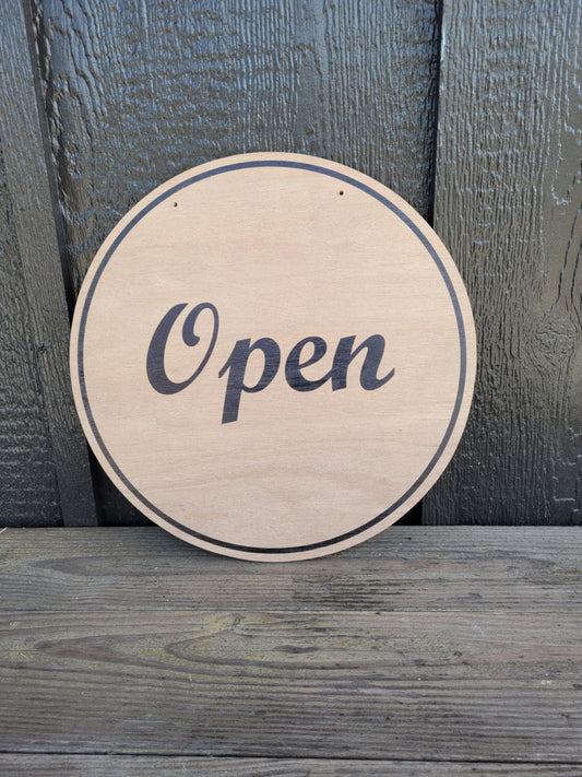 Open Window Hanging Small Business UV Wood Sign Commercial Signage Door Out Front Shop Round Circle Simple Modern Double sided