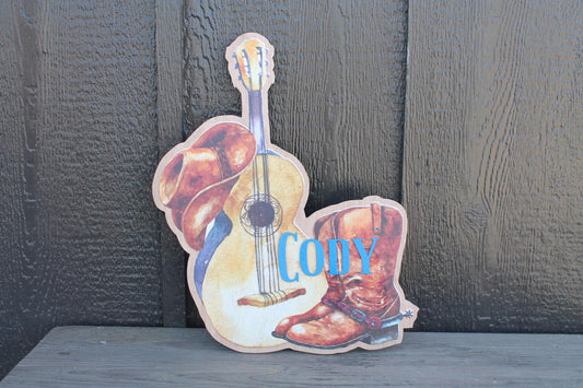 Custom Western Country Your Name Hanging Dorm Door Personalized Sign Contour Cut Wood Guitar Boots Cowboy Hat Nursery Sign Kids Room