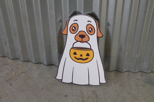Ghost Dog Costume Cute Lab Golden Retriever Jack-o'-lantern Boo Window Hanging Decorative UV Wood Sign Adorable Signage Halloween Candy
