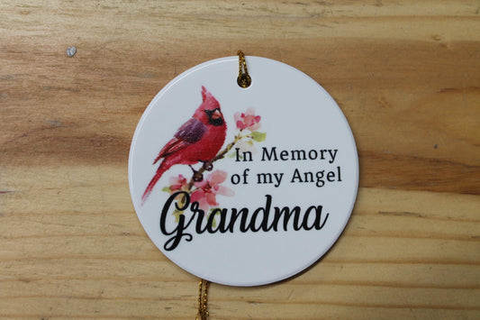 In Memory Of My Angel Grandma Ceramic Cardinal Memorial Ornament Decor Floral Memories Gifts Cute Mother Nana Grammy Hanging Circle Heaven