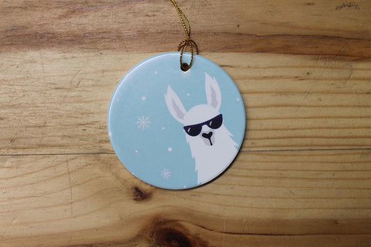 Cool Llama Baby Holiday Ceramic Christmas tree Decoration Animal Ornament Decor Circle Sign Gift Cute Winter Hanging Circle Blue Sunglasses