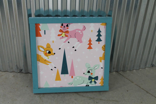Christmas Reindeer Colorful Festive Holiday Hanging Decorative UV Wood Sign Cute Silly Signage Framed simple design pretty square Decor